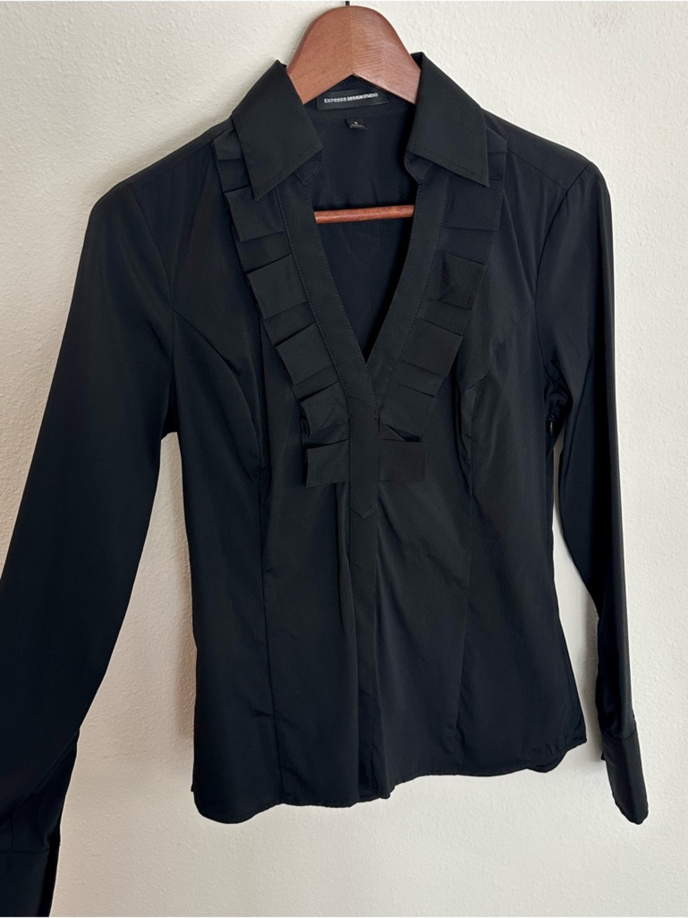 Express Design Studio - Women's Black Ruffle Trim Collared Blouse